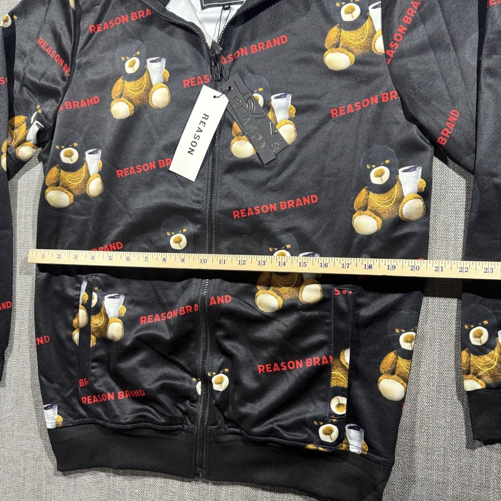 Reason Brand Jacket Mens Medium Black Bear Print Track Full Zip Streetwear - Picture 4 of 6